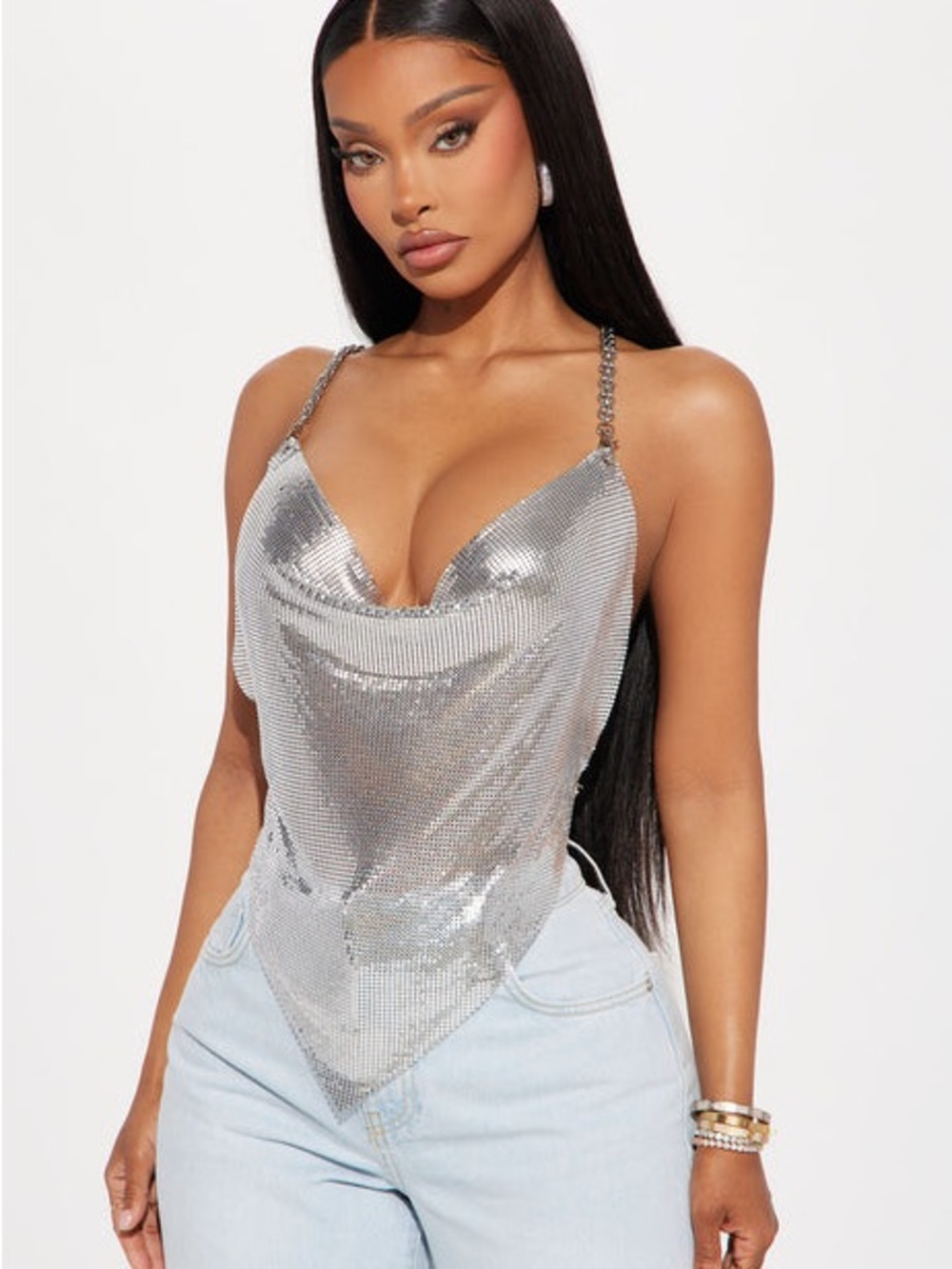 Fashion Nova Silver Sequin Draped Cowl Neck Camisole with Chain Straps